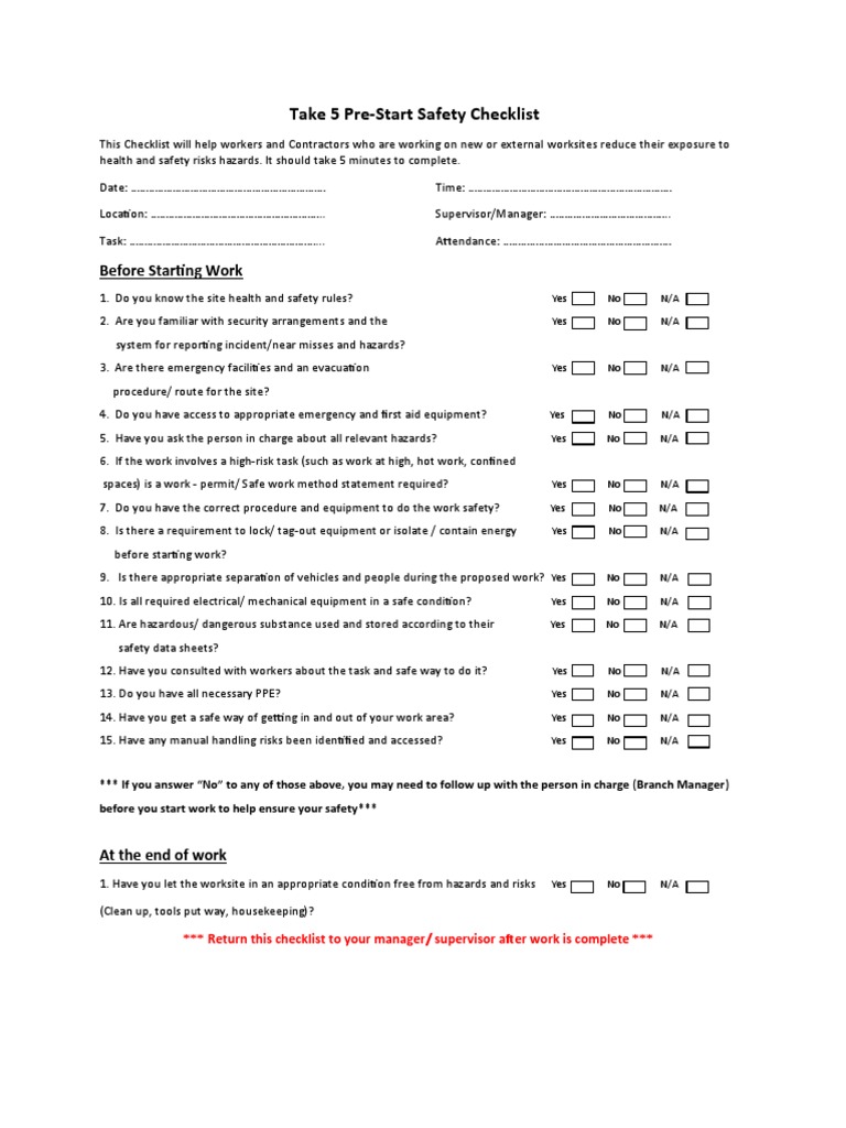 Take 5 Safety Checklist (Risk Assessment For LowRisk) PDF