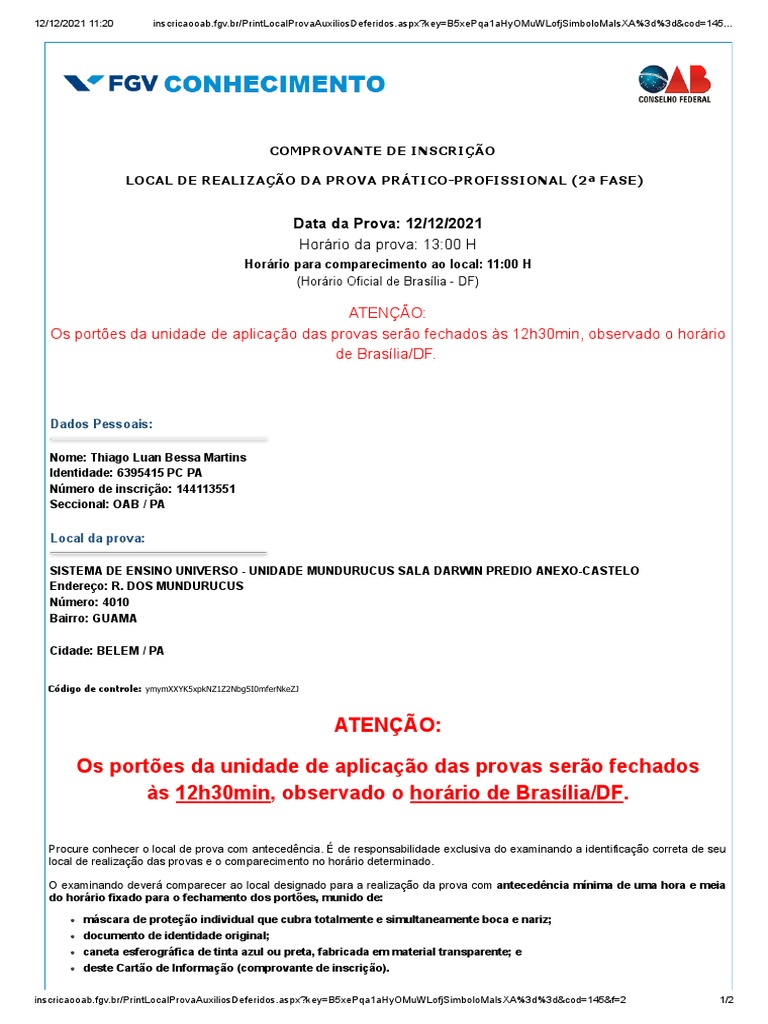 Comprovante de Inscrição OAB 2021 | PDF | Carteira de Motorista
