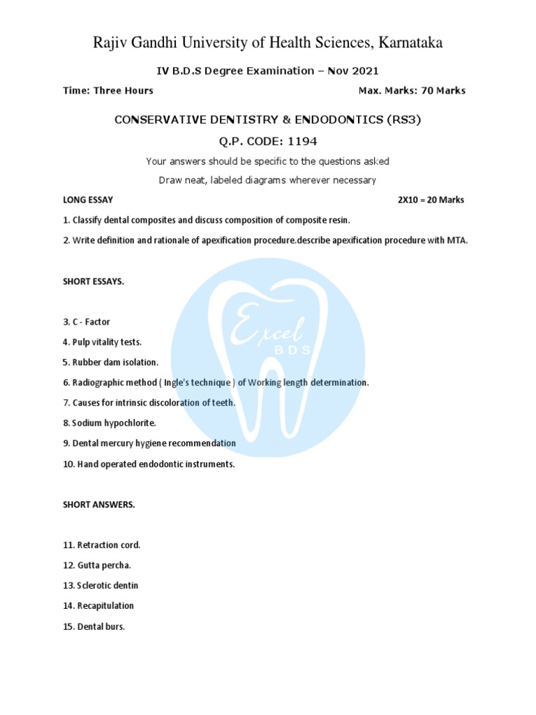 Rajiv Gandhi University IV BDS Exam Question Paper on Conservative