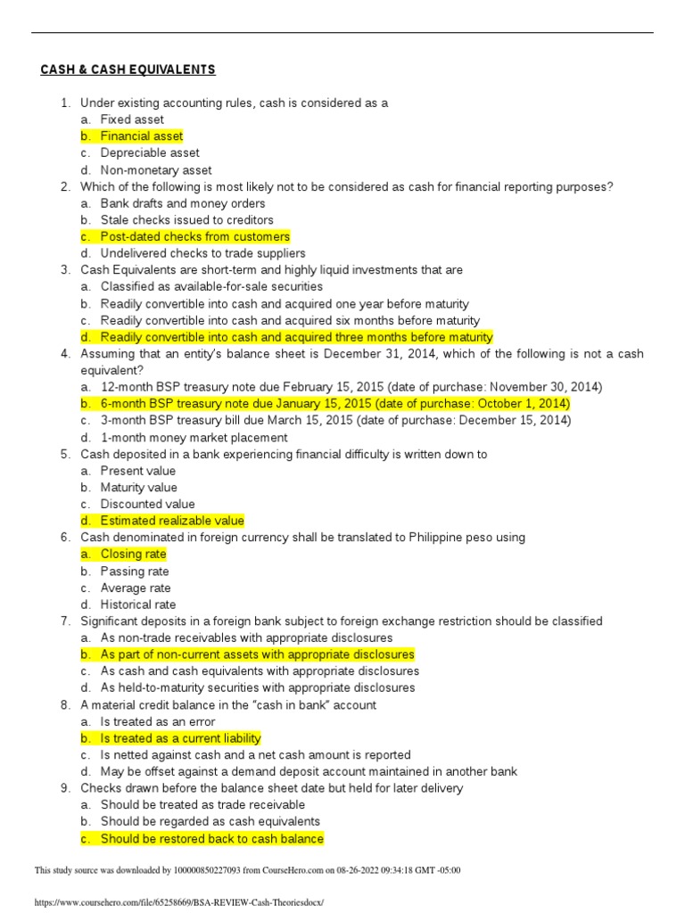 Accounting Cash Concepts Quiz | PDF | Debits And Credits | Deposit Account