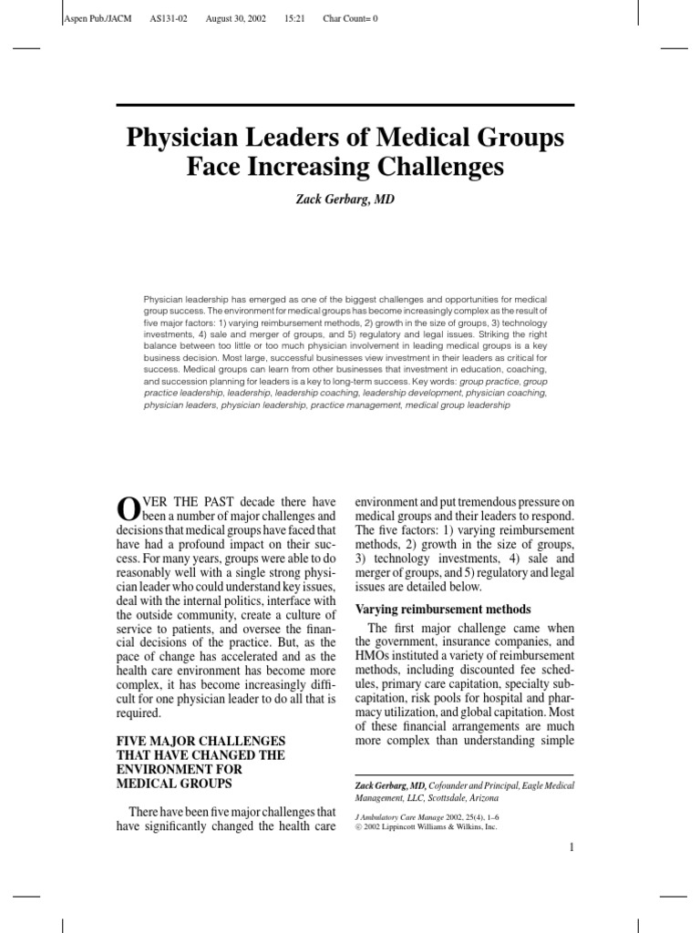 Physician Leaders of Medical Groups Face Increasing Challenges PDF Leadership Physician