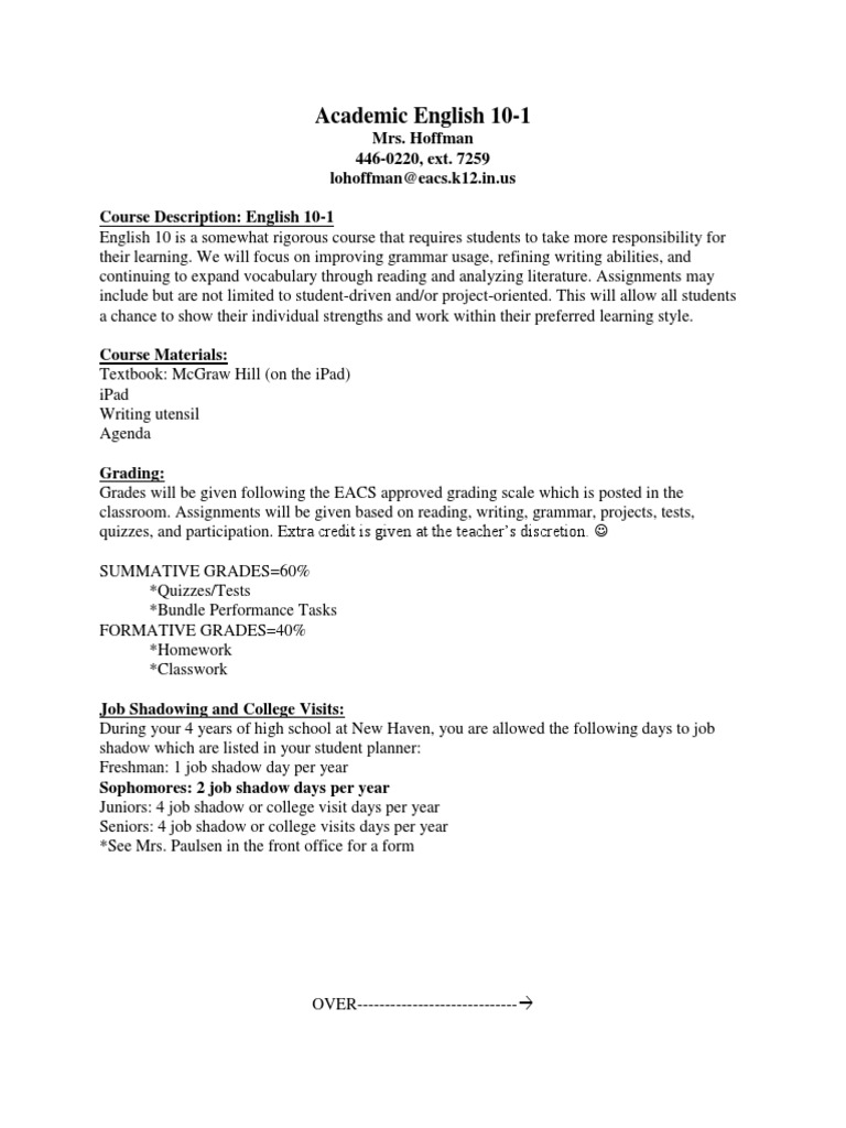 English+10 1+syllabus | PDF | Classroom | Learning