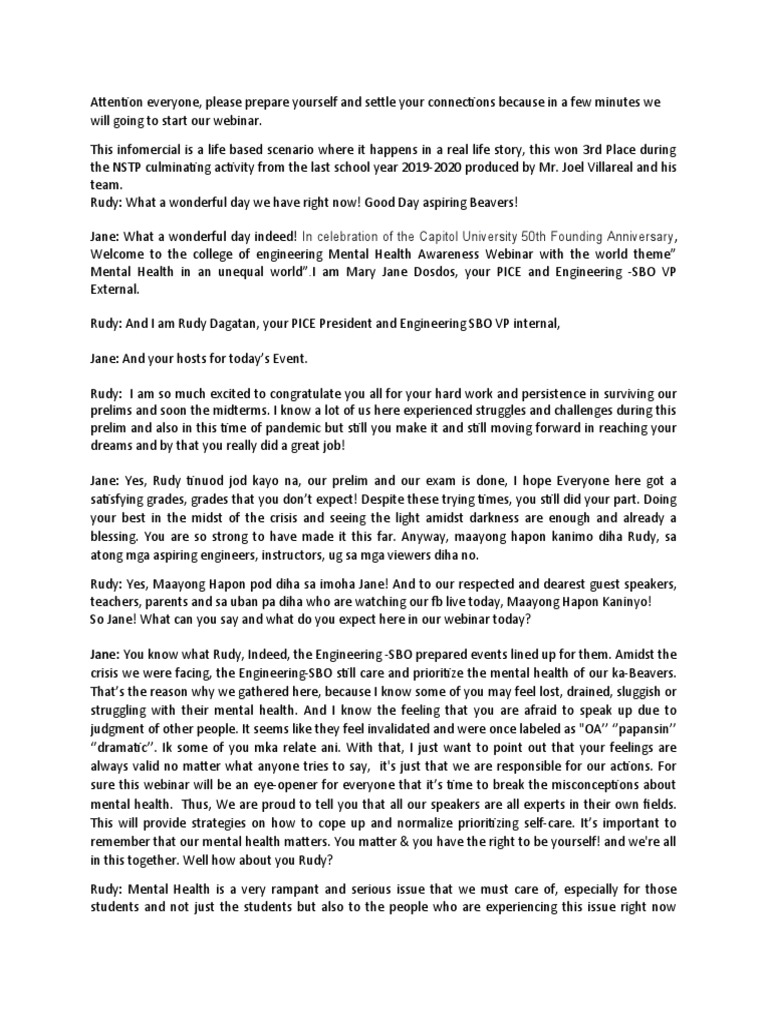 Mental Health Awareness Webinar Script | PDF | Popular Culture & Media ...