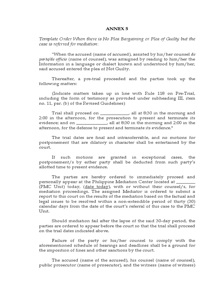Not Guilty Plea Mediation Order Template | PDF | Plea | Judiciaries