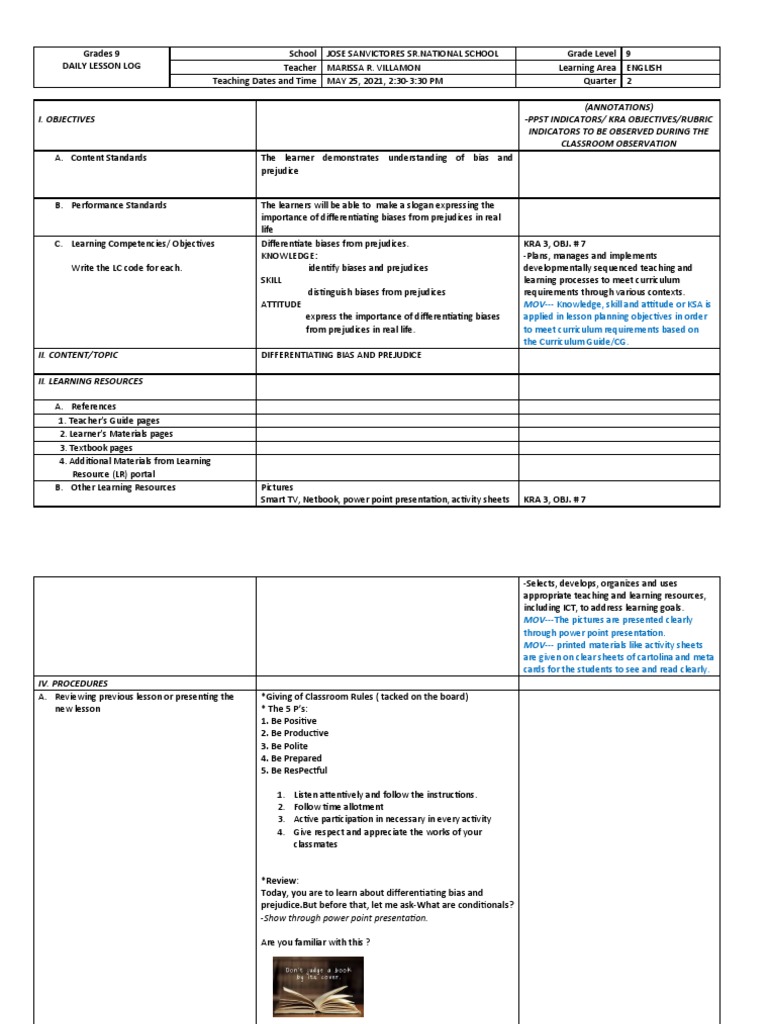 COT Lesson Plan: Bias vs. Prejudice | PDF | Teaching Method | Learning