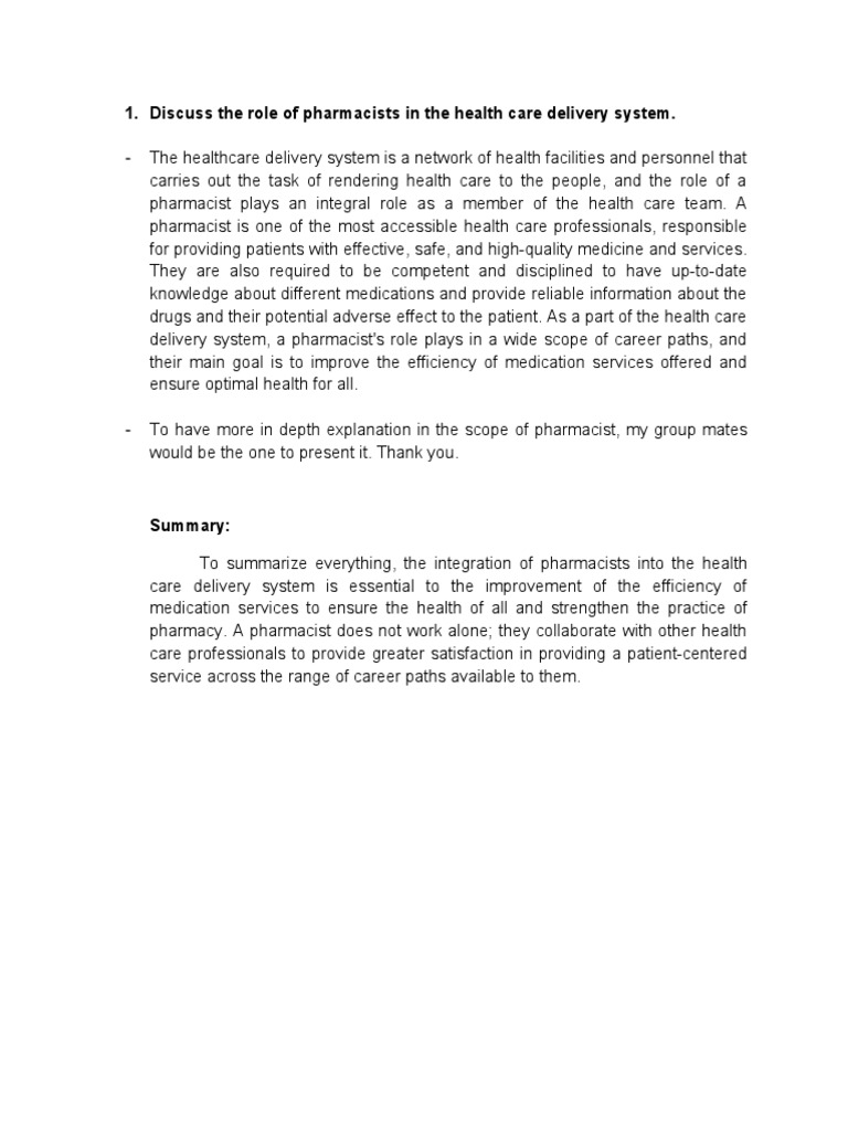 Discuss The Role of Pharmacists in The Health Care Delivery System ...