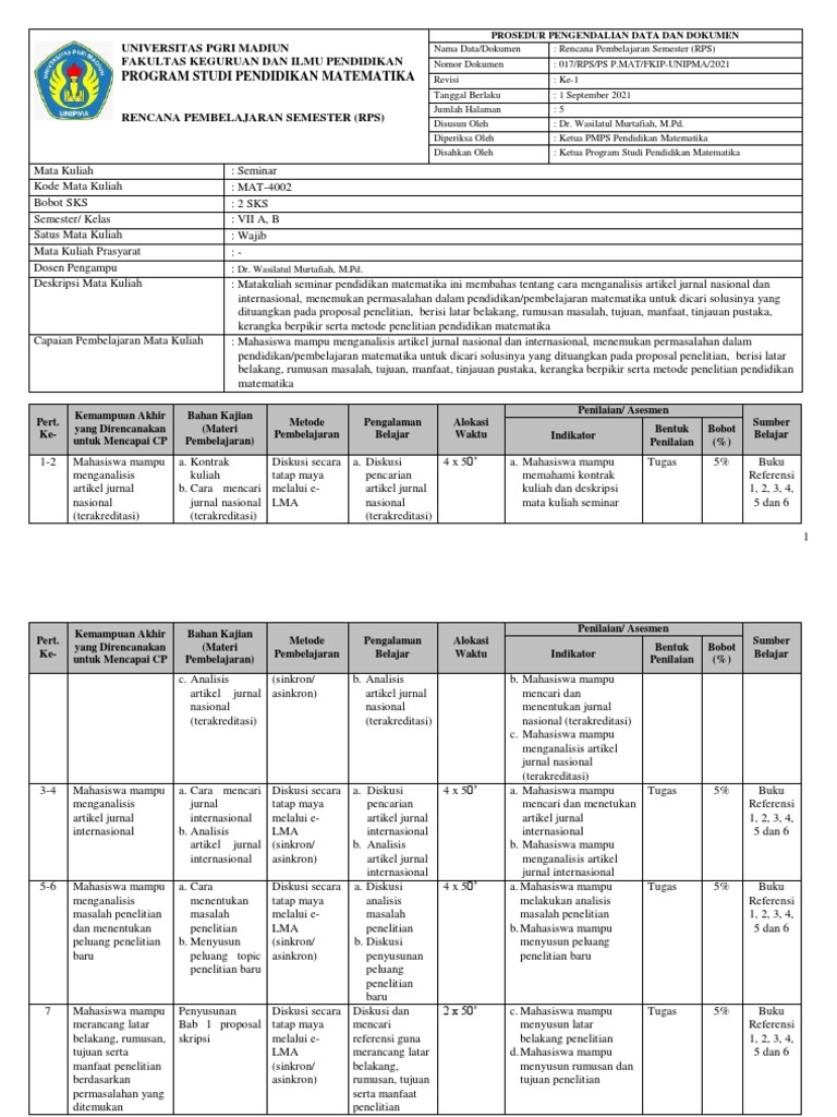 Rencana Pembelajaran Semester (RPS) Mata Kuliah Seminar Pendidikan