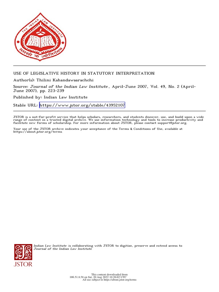 Legislative Intent and Statutory Interpretation An Analysis of the Use
