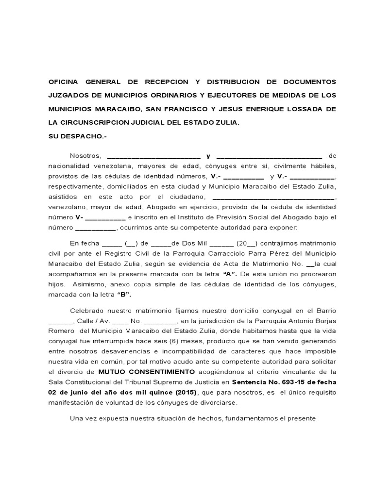 Modelo Divorcio de Mutuo Acuerdo Por Tribunal de Municipio | PDF