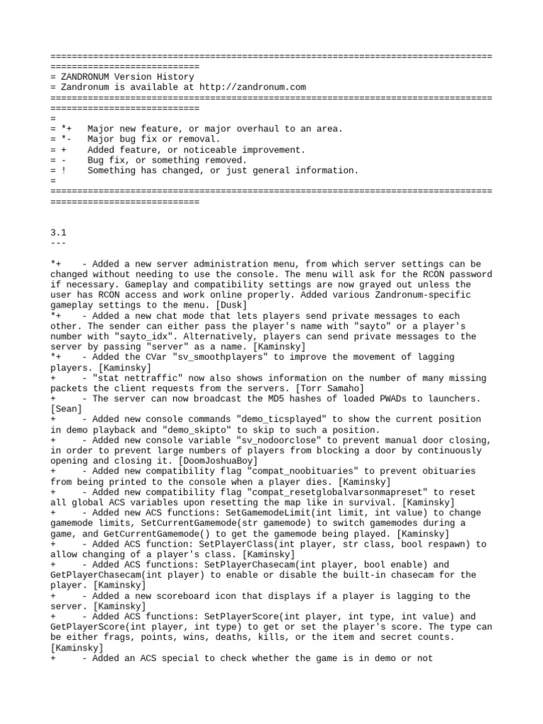 Zandronum version history pdf command line interface online and
