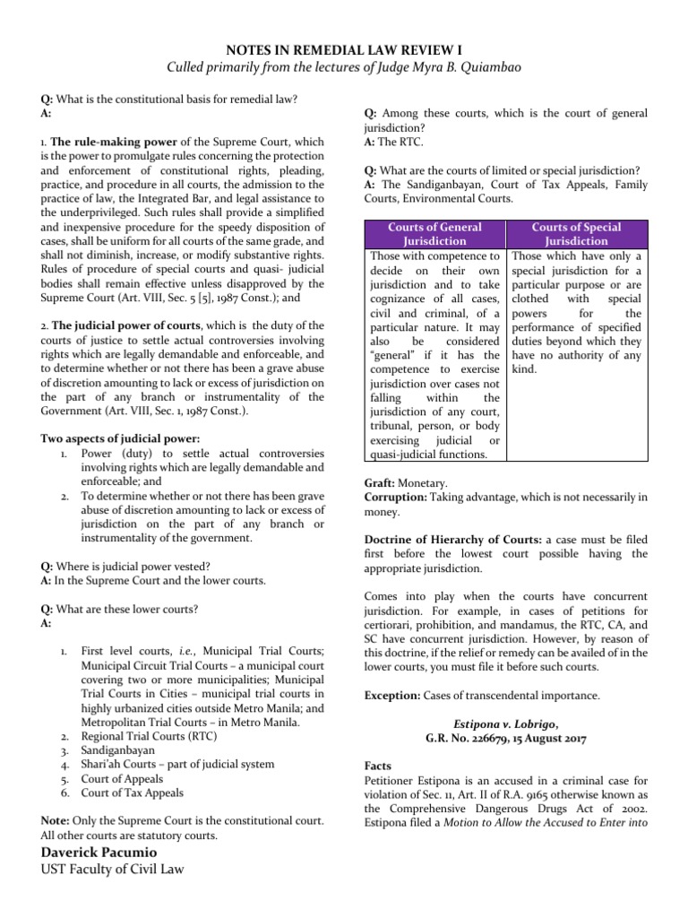 RemedialLawReview1Notes PDF In Rem Jurisdiction Lawsuit