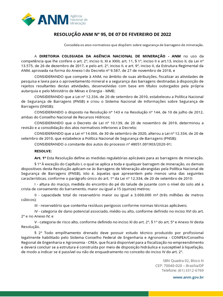 Resolução ANM 95 sobre Barragens de Mineração | PDF | Barragem | Mineração