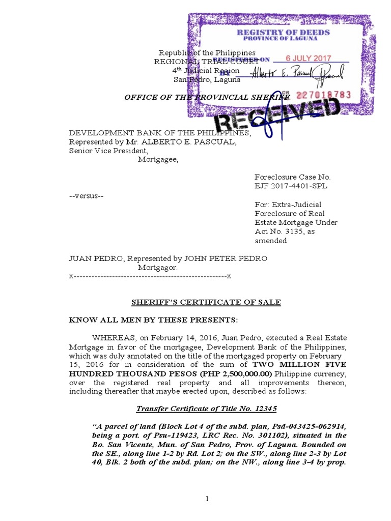 Sheriff's Certificate of Sale Philippines | PDF | Mortgage Law ...