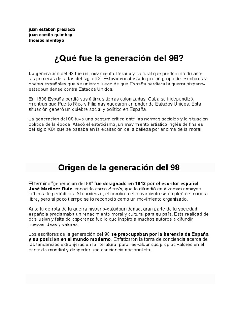 ¿Qué Fue La Generación Del 98 ? PDF