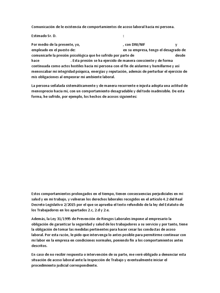 Carta de denuncia por acoso laboral | PDF | Crecimiento personal y ...