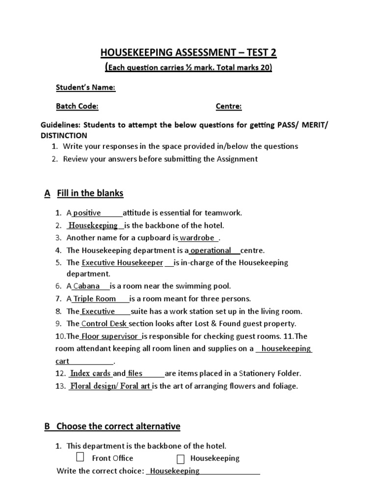 HOUSEKEEPING ASSESSMENT PDF Housekeeping Hygiene