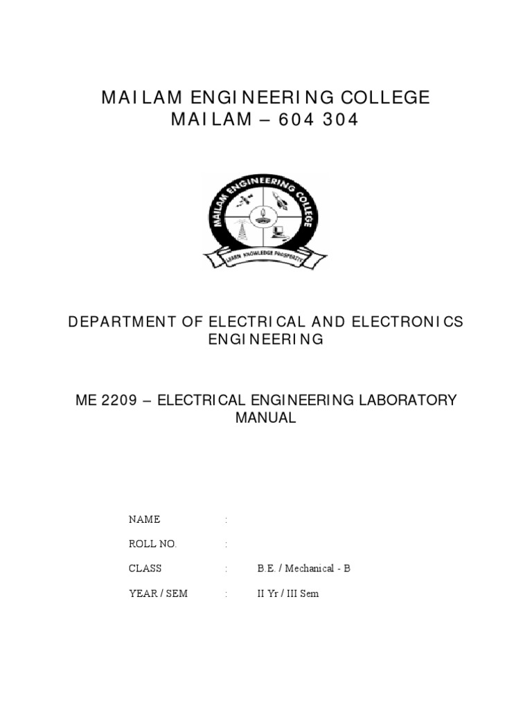 Me 2209 Electrical Engineering Lab Manual PDF Transformer Power