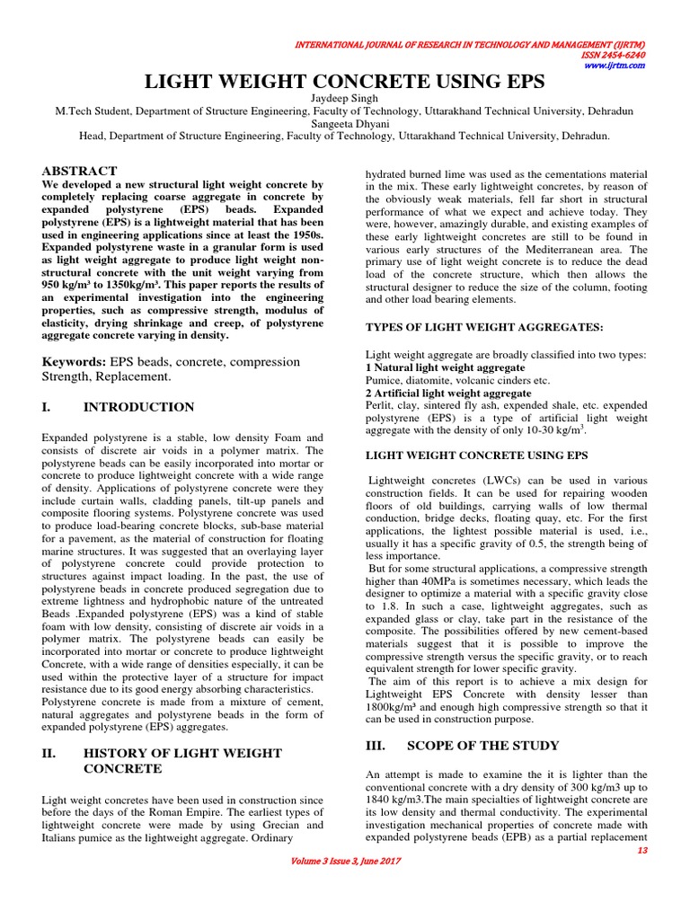 Light Weight Concrete Using Eps: Strength, Replacement | PDF | Concrete ...