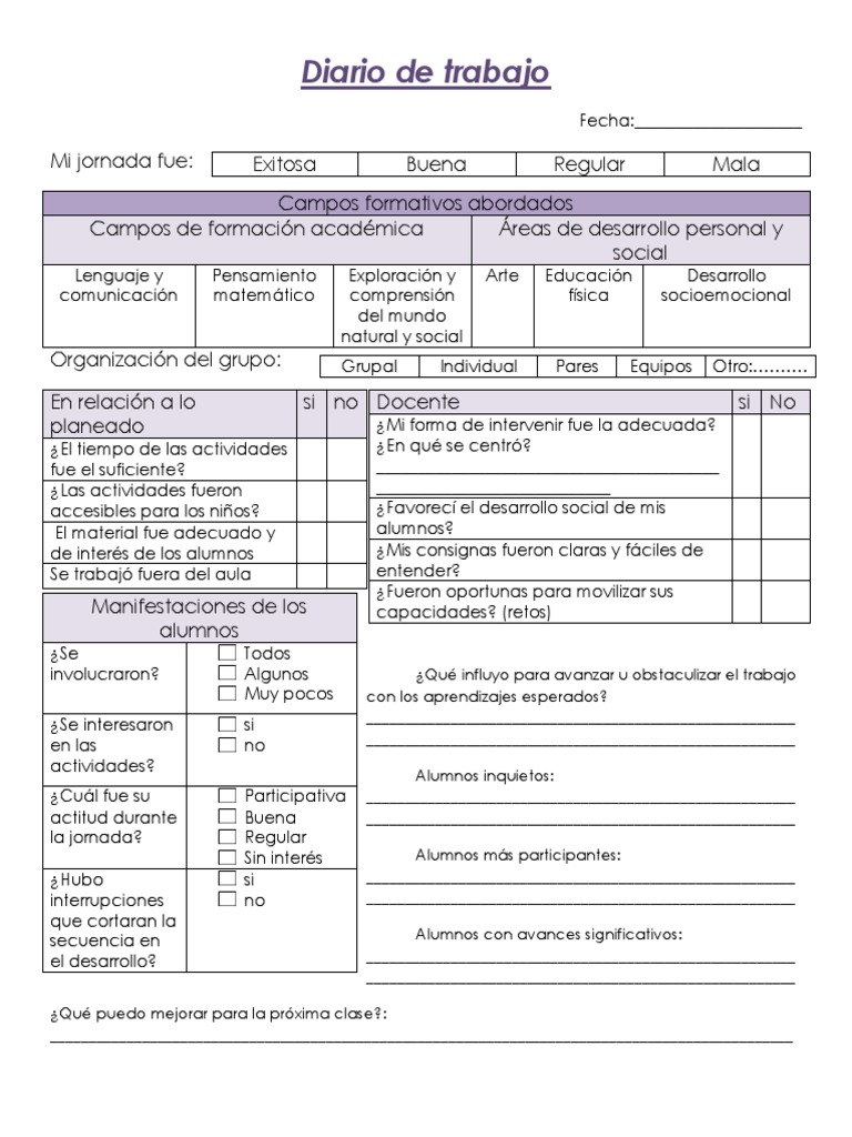 Diario de Trabajo Docente | Descargar gratis PDF | Salón de clases ...