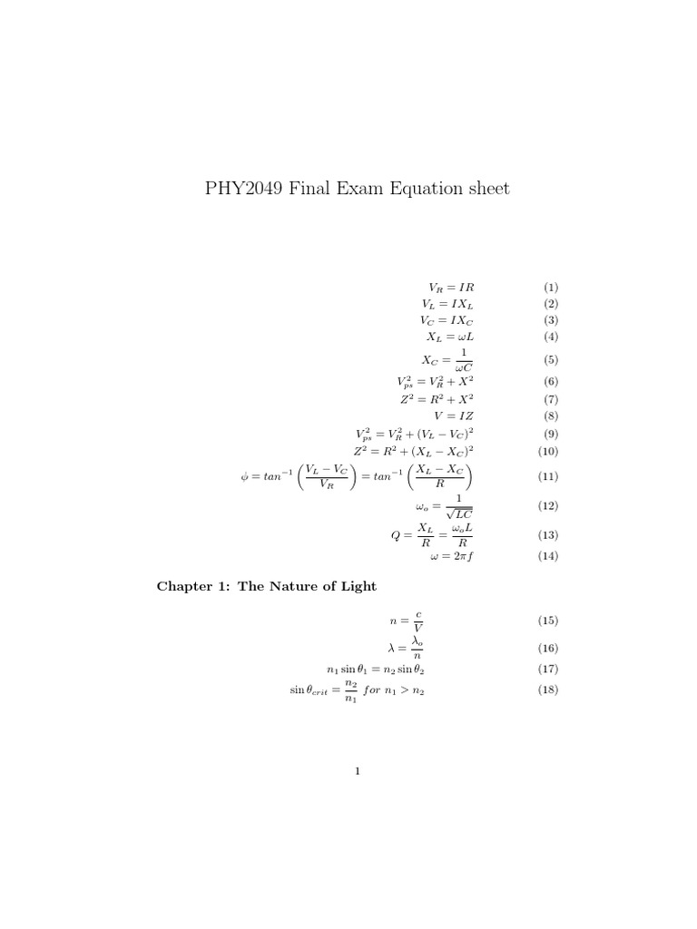 PHY2049 Final Exam Equation Sheet Chapter 1 The Nature of Light PDF