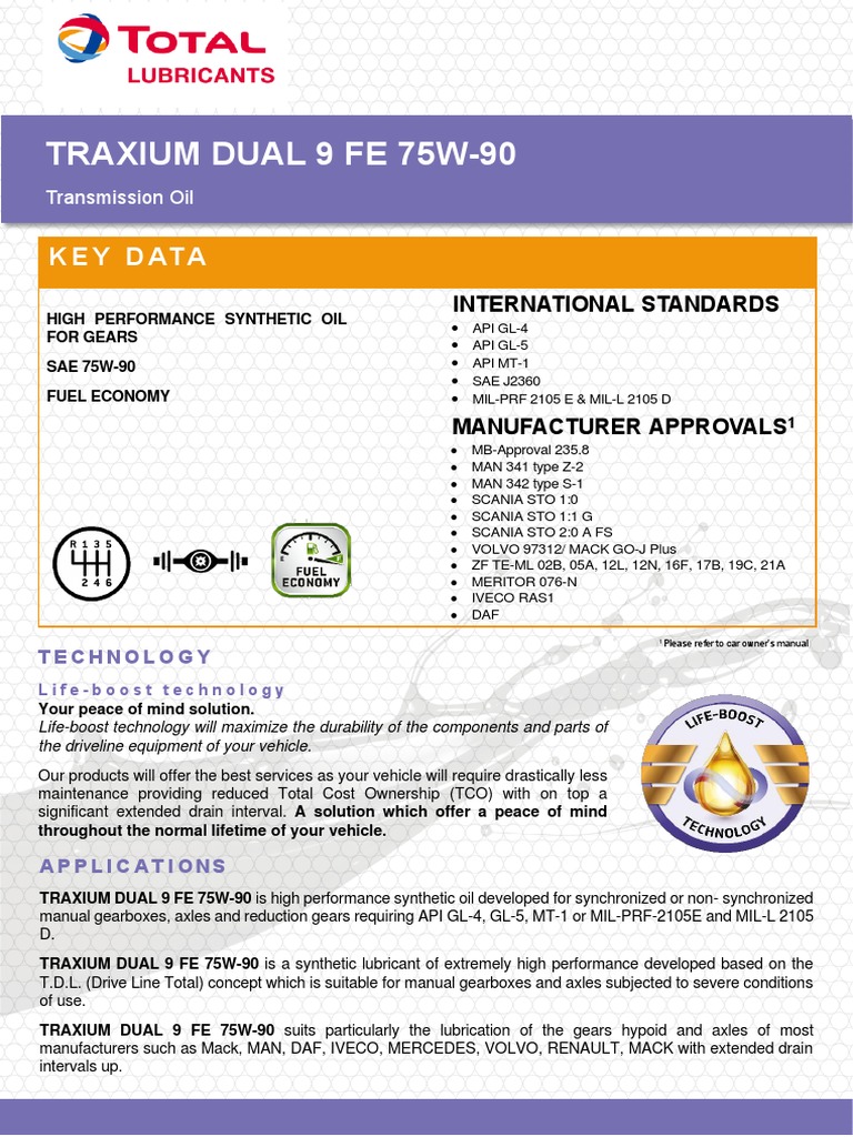 Traxium Dual 9 Fe 75W-90: Key Data | PDF | Mechanical Engineering