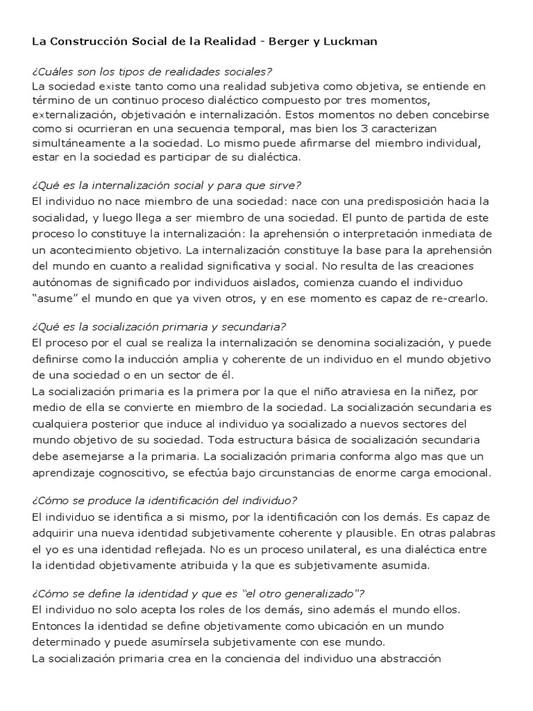 La Construcción Social de La Realidad | PDF | Socialización | Realidad