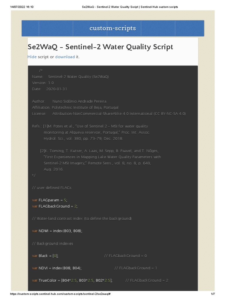 0 Se2waq Sentinel 2 Water Quality Script Sentinel Hub Custom