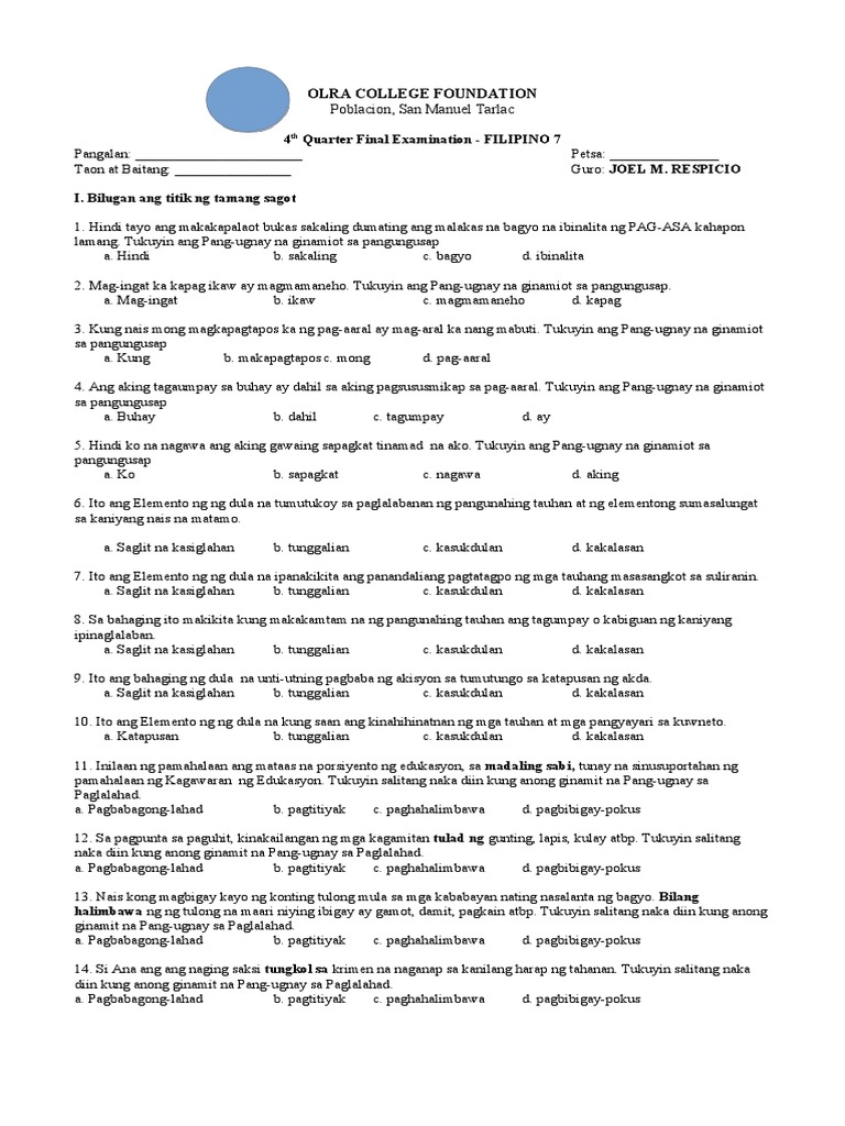 4th Quarter Exam PDF