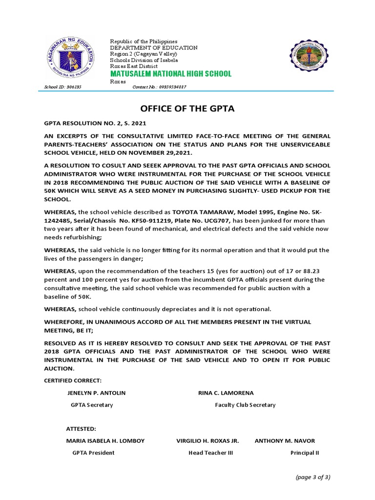 GPTA Resolution for School Vehicle Auction | PDF | Manufactured Goods ...
