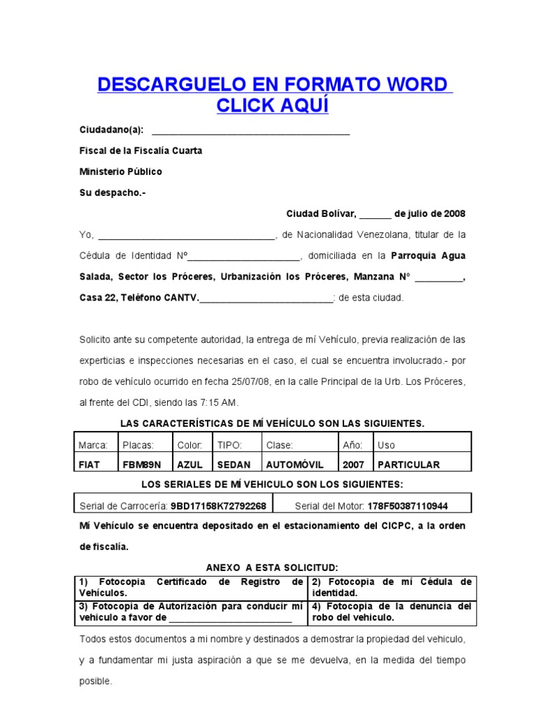 Formato Solicitud de vehiculo a Fiscalía retenido  Coche  Vehículo de
