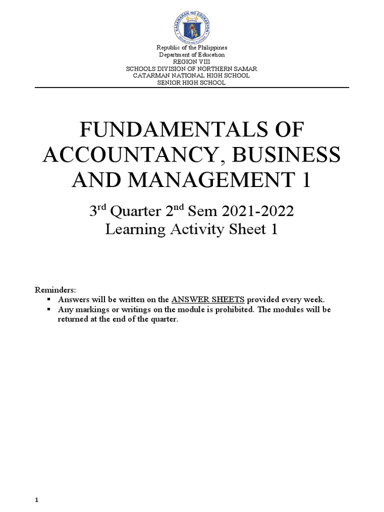 Fundamentals of Accountancy, Business and Management 1 3 Quarter 2 Sem