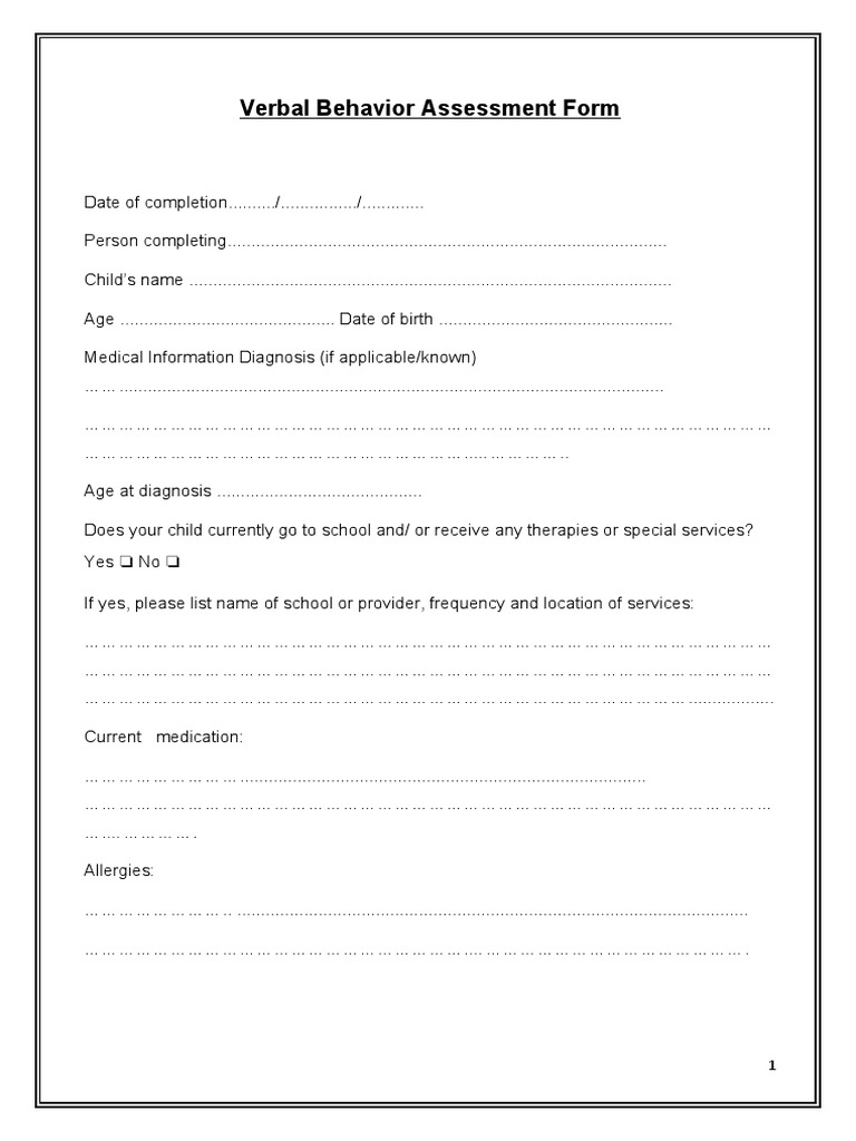 Verbal Behavior Assessment Form PDF Cognitive Science Cognition