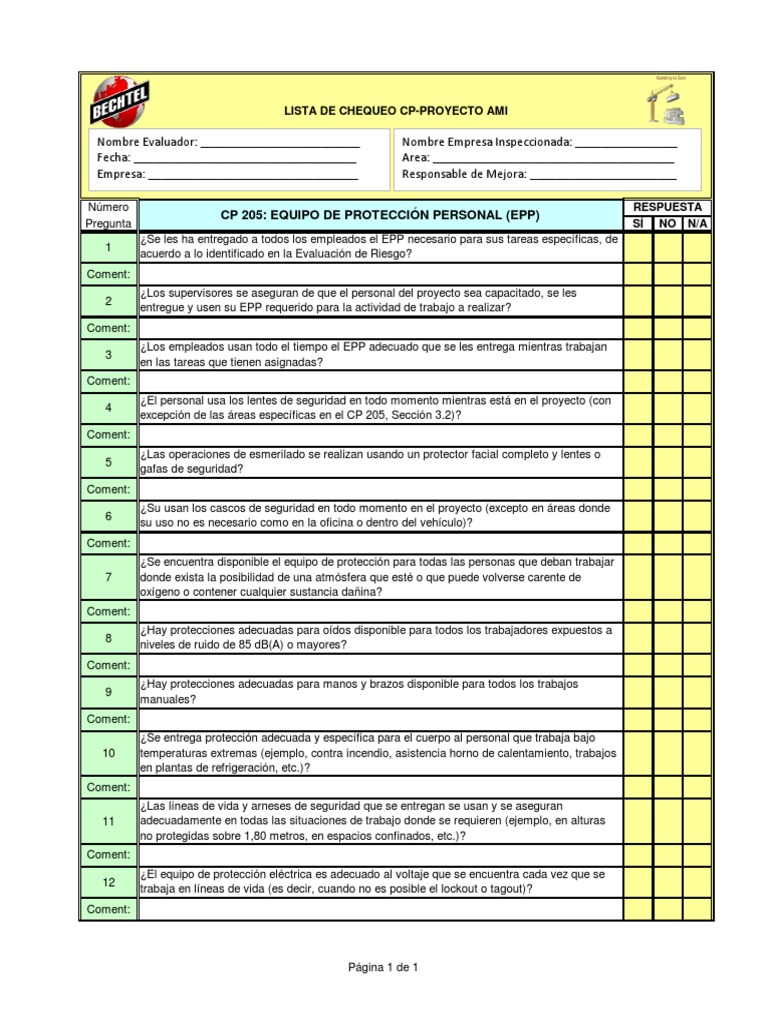 Lista de Chequeo EPP Proyecto CP 205 | PDF