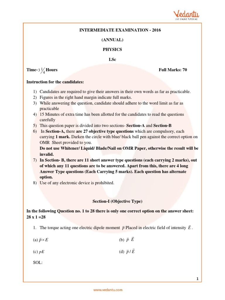Bihar Board Bseb Physics Class 12 Question Paper 2016 Pdf