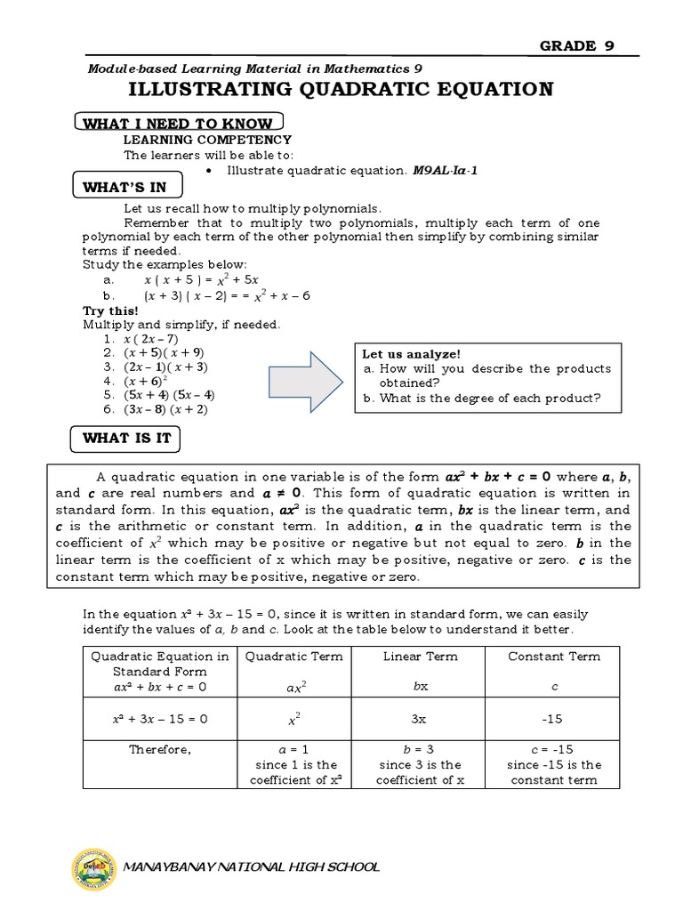 Illustrating Quadratic Equation: Grade 9 | PDF | Equations | Polynomial