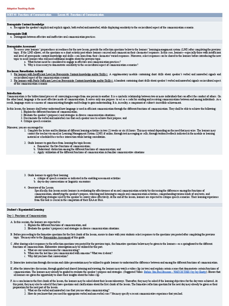 Adaptive Teaching Guide for Oral Communication | PDF | Communication ...