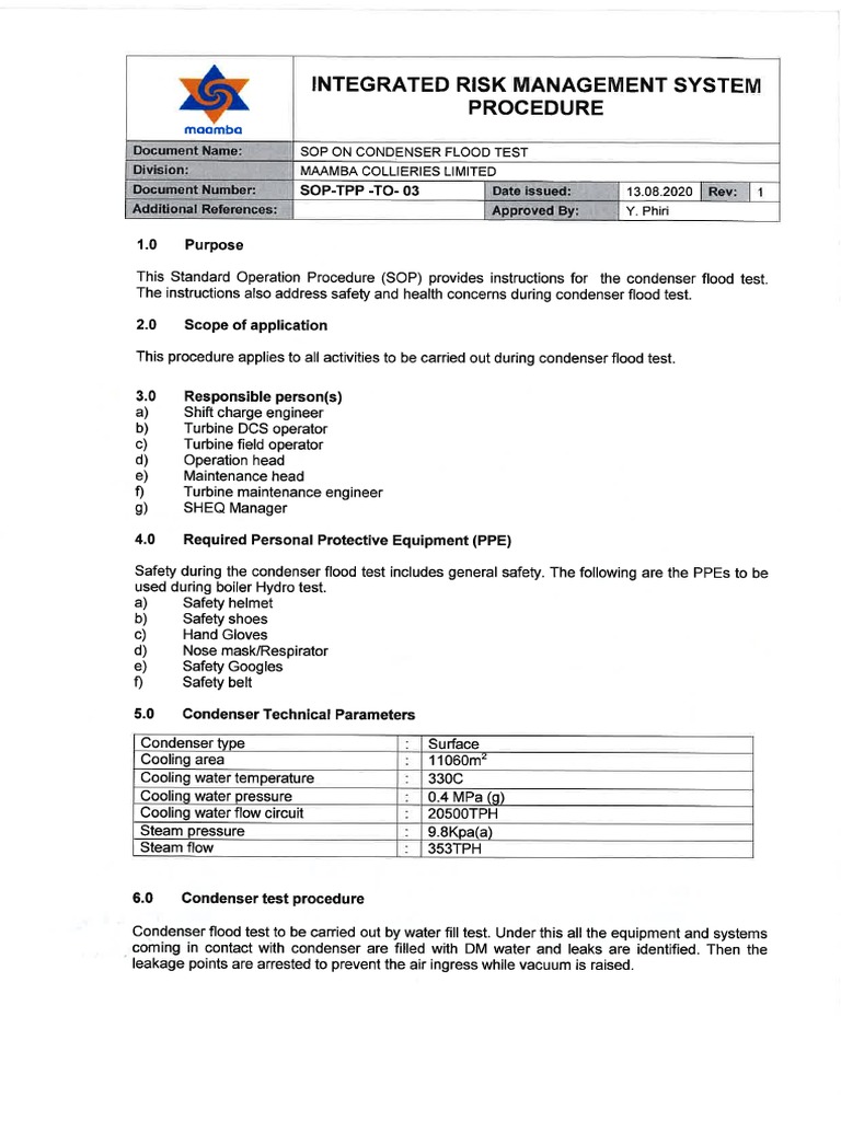 SOP on Condenser Flood Test PDF