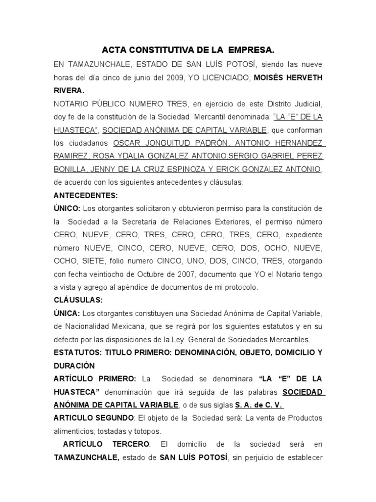 Copia de Acta Constitutiva de La Empresa | Liquidation | Share (Finance)