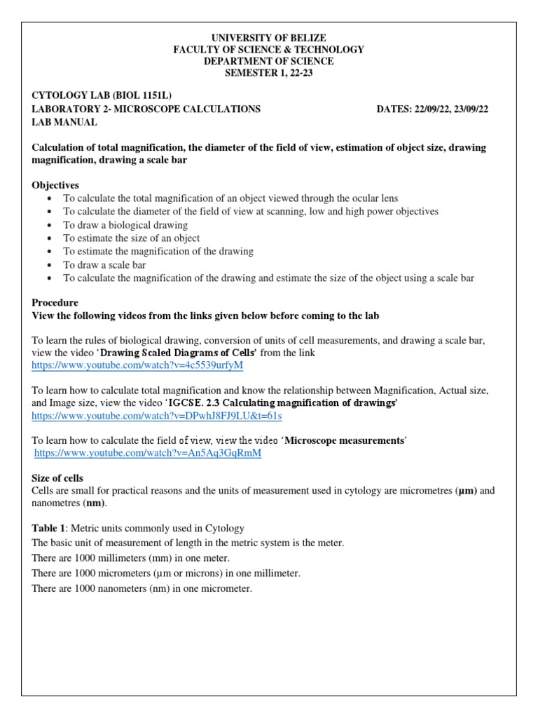 Lab 2, Microscope Calculations Lab Manual, 22 Final Version PDF
