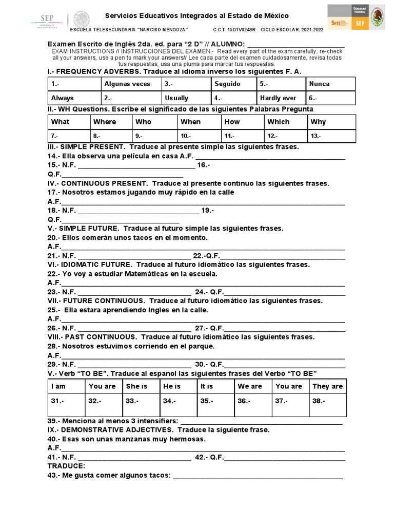 Examen de Inglés para Primaria 2D | PDF