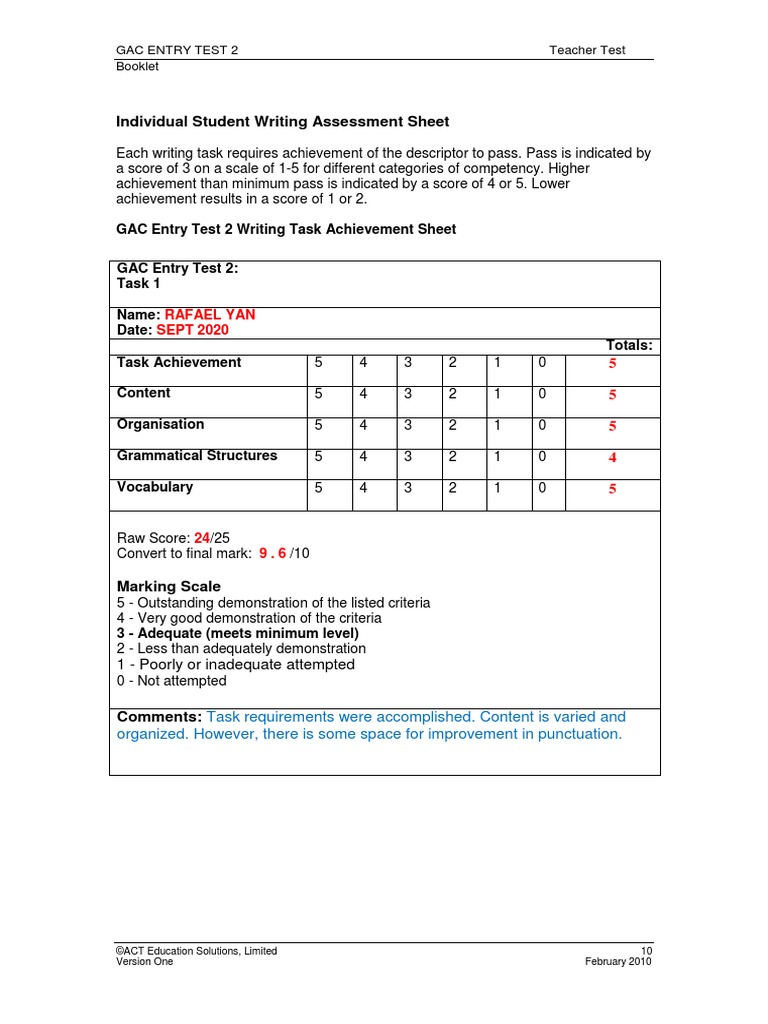 Individual Student Writing Assessment Sheet | PDF | Linguistics | Cognition