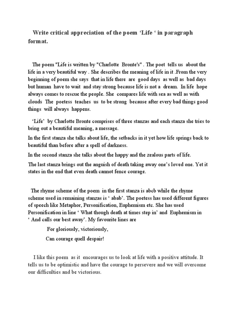 Write Critical Appreciation of The Poem Life in Paragraph Format | PDF ...