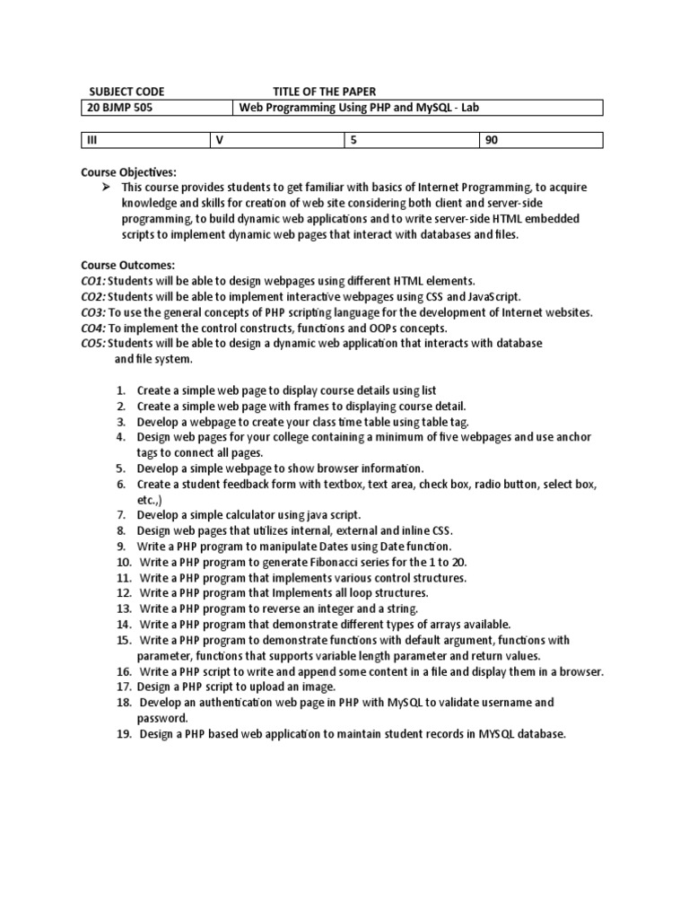 Subject code title of the paper 20 bjmp 505 web programming using php