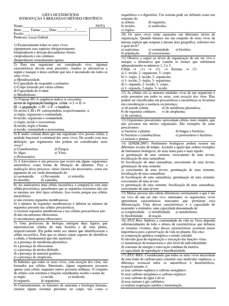 01-Lista de Exercícios-Intro Bio e Método Científico-1º Ano | PDF ...