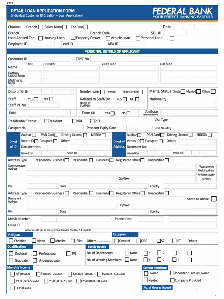 Federal Bank Retail Loan Application Form | PDF | Loans | Banks