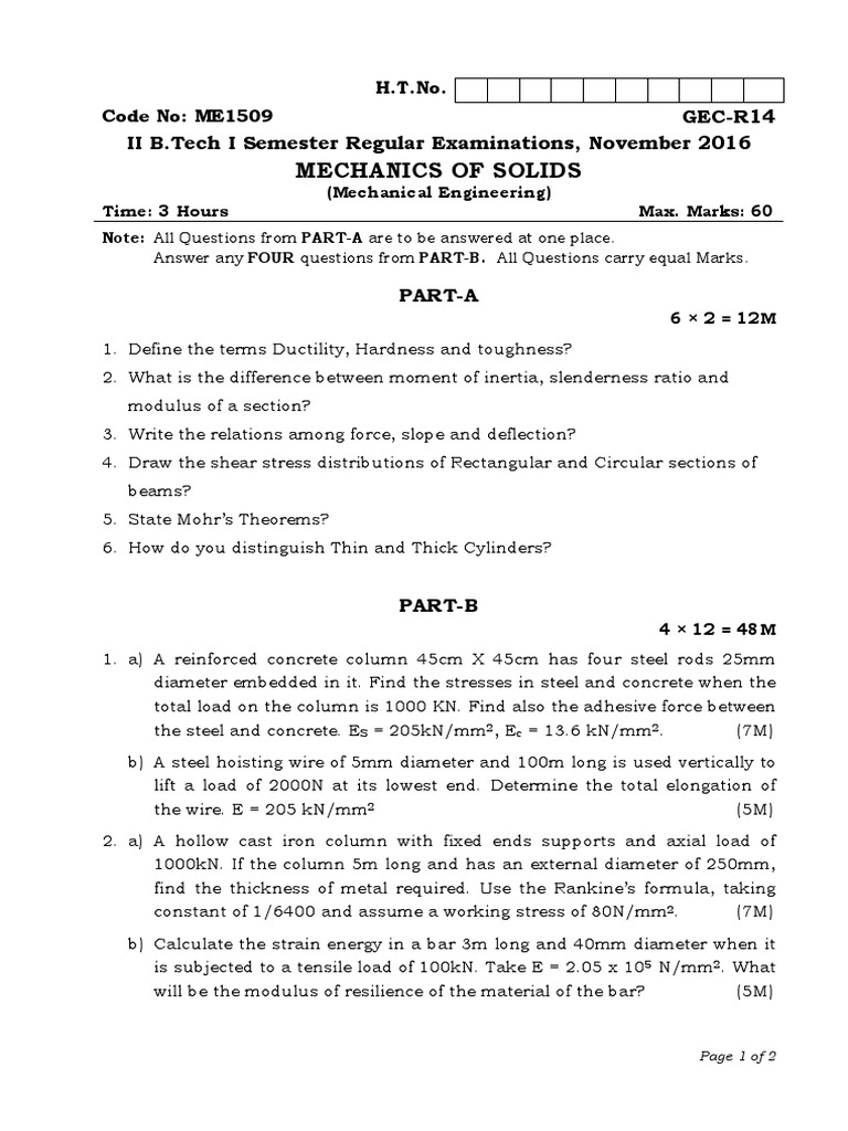 Mechanics of Solids GECR14 II B.Tech I Semester Regular Examinations