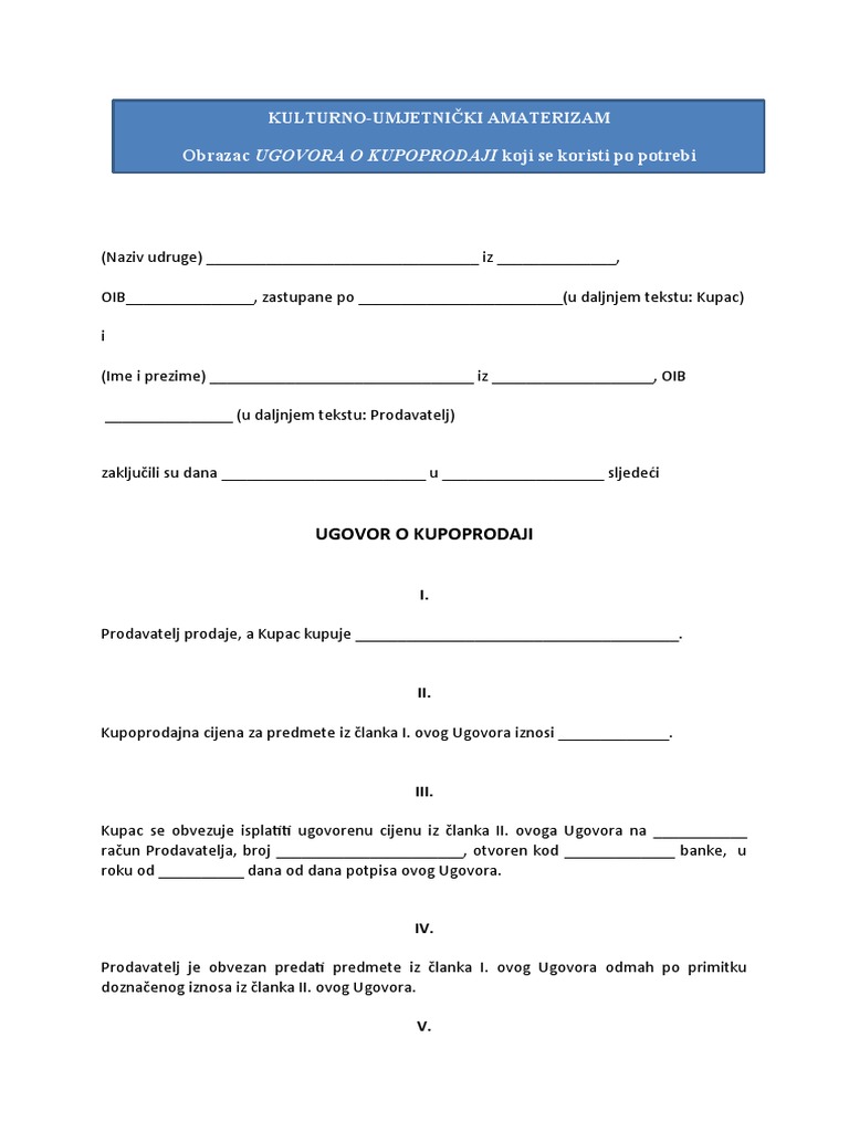 Obrazac Ugovora o kupoprodaji - Amaterizam | PDF