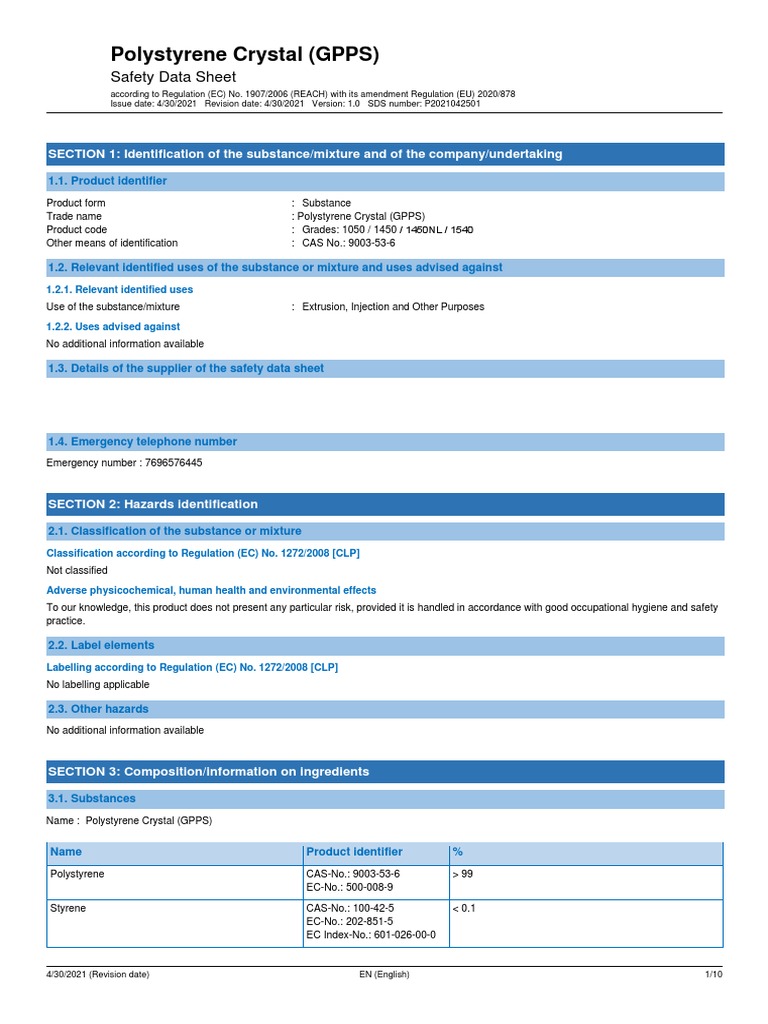MSDS Polystyrene Crystal (GPPS) PDF Physical Sciences Chemistry