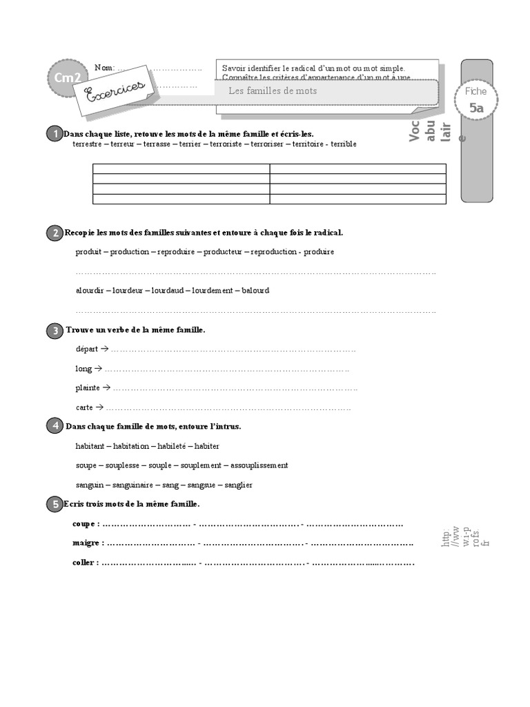 Mot Dela Meme Famille Que Habiter Cm2 Exercices Familles Mots | PDF