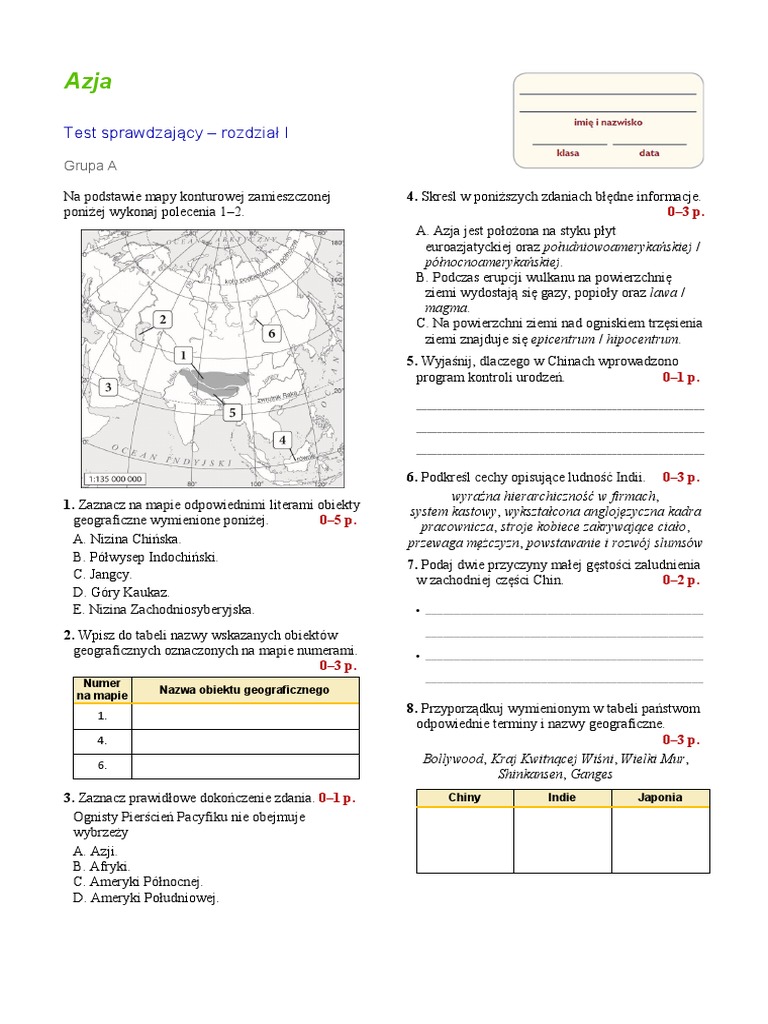 Sprawdzian Z Azji Klasa 8 (Test 1) Azja Klasa 8 | PDF